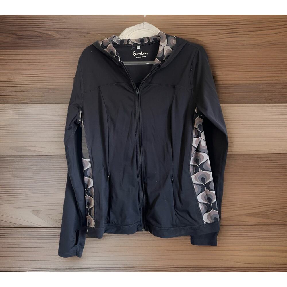 Boden Athletic Track Jacket Black Geometric Sides Womens 12 Thumbholes Yoga Bike